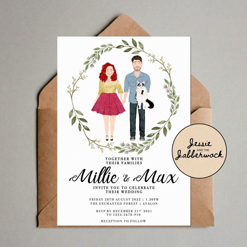 Personalised Couple and pet Illustration Wedding Invites, Custom portrait drawing invitation, Personalized Floral Save the Date, RSVP image 1
