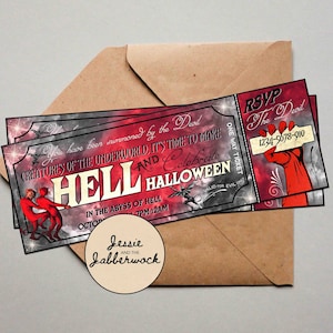 Może przedstawiać: Czerwono-szare zaproszenie na imprezę Halloweenową w kształcie biletu. Zaproszenie zawiera napis "You have been summoned by the Devil Creatures of the Underworld, It's time to make Hell and Celebrate Halloween." Zaproszenie zawiera również numer telefonu do RSVP: 1234-5678-910.