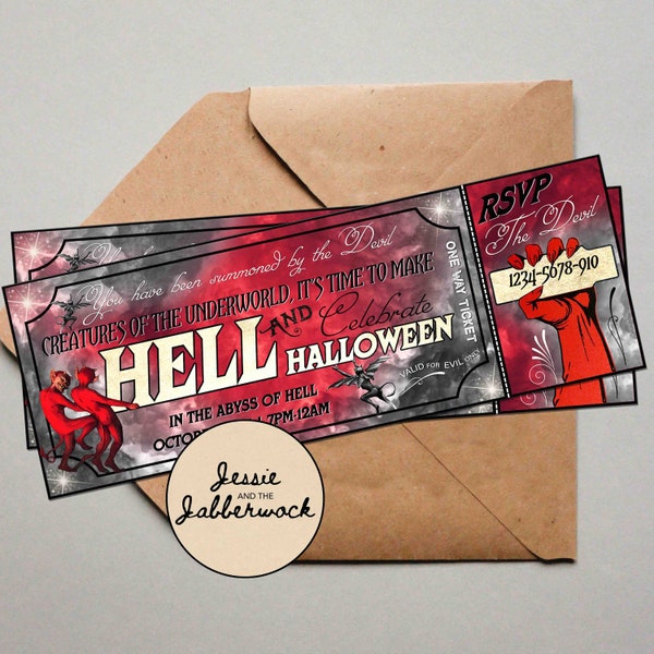 Hell Halloween Ticket Invitation | Devil Halloween Party invite | Haunted House | Demon Underworld Party | Halloween Event | Vintage Ticket