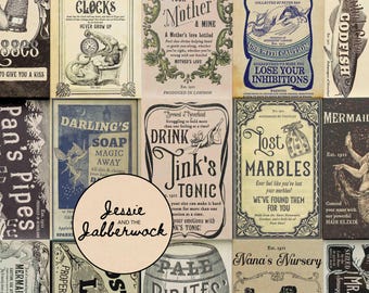 May include: A collection of vintage-style labels with whimsical illustrations and text. The labels feature a variety of themes, including mermaids, pirates, and fairies. The labels are printed on a white background with black and red text.