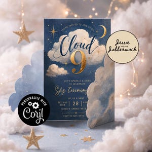 May include: A navy blue invitation card with gold accents, featuring the text "Cloud 9" and "Sky turning". The design includes clouds, stars, and a crescent moon. The invitation is personalized with Corjl.