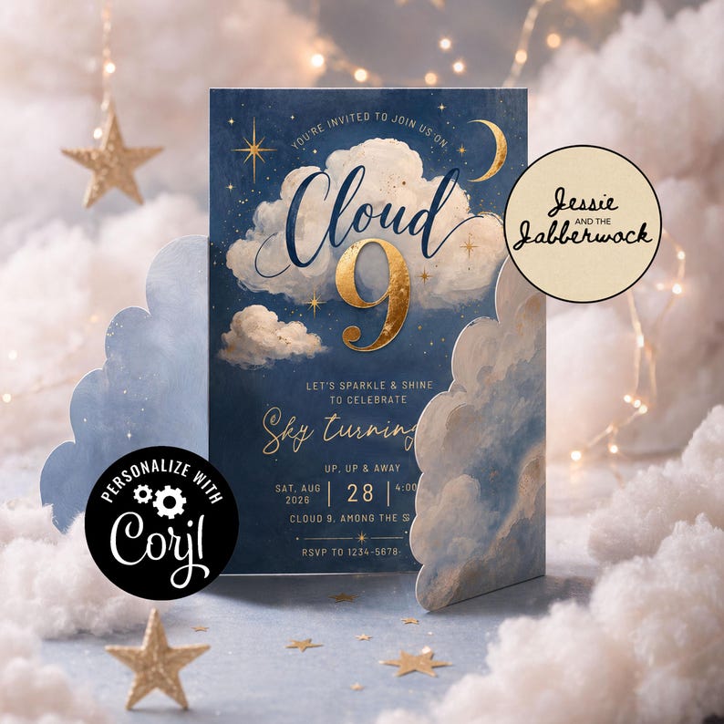 May include: A navy blue invitation card with gold accents, featuring the text "Cloud 9" and "Sky turning". The design includes clouds, stars, and a crescent moon. The invitation is personalized with Corjl.