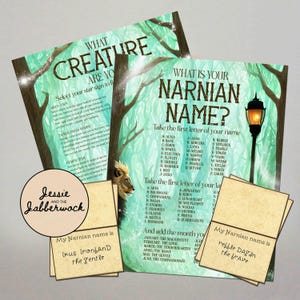 May include: A printable Narnia-themed activity sheet with a green and blue background. The sheet features a forest scene with a lamppost and a lion. The text on the sheet asks "What Creature Are You?" and "What is Your Narnian Name?" and provides instructions for determining your Narnian name based on your birth month and the first letter of your name.