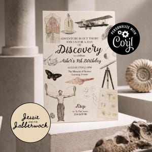 May include: A beige invitation card with illustrations of a biplane, butterfly, and human anatomy. The text reads "Adventure is Out There! Join Us For a Day of Discovery to celebrate Asher's 9th Birthday." Includes RSVP information and a "Personalize with Corjl" logo.