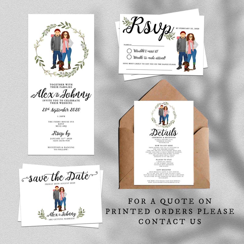 Personalised Couple and pet Illustration Wedding Invites, Custom portrait drawing invitation, Personalized Floral Save the Date, RSVP image 5