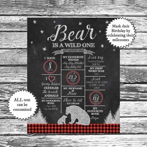 Lumberjack Milestone Chalkboard, Buffalo Plaid WILD ONE Birthday Memory Poster image 3