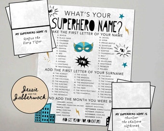 What's your Superhero Name? Printable, Instant download Party Game, Supers Birthday Party, Comic Book Name Tent Labels | Incredibles party