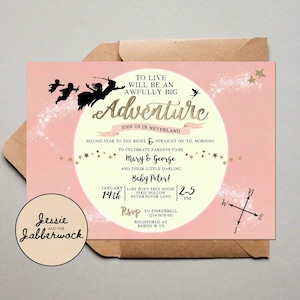 Pink Neverland Baby Shower Invitation, Peter Pan, tinkerbell Invite, To live will be an awfully big adventure party set