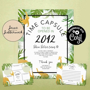 Sjabloon Wild Safari-tijdcapsule | Wilde eerste verjaardag | Jungle Memory-gastenboek Keepsake | Gepersonaliseerde bijsluiters voor plakboeken | Notitiekaarten