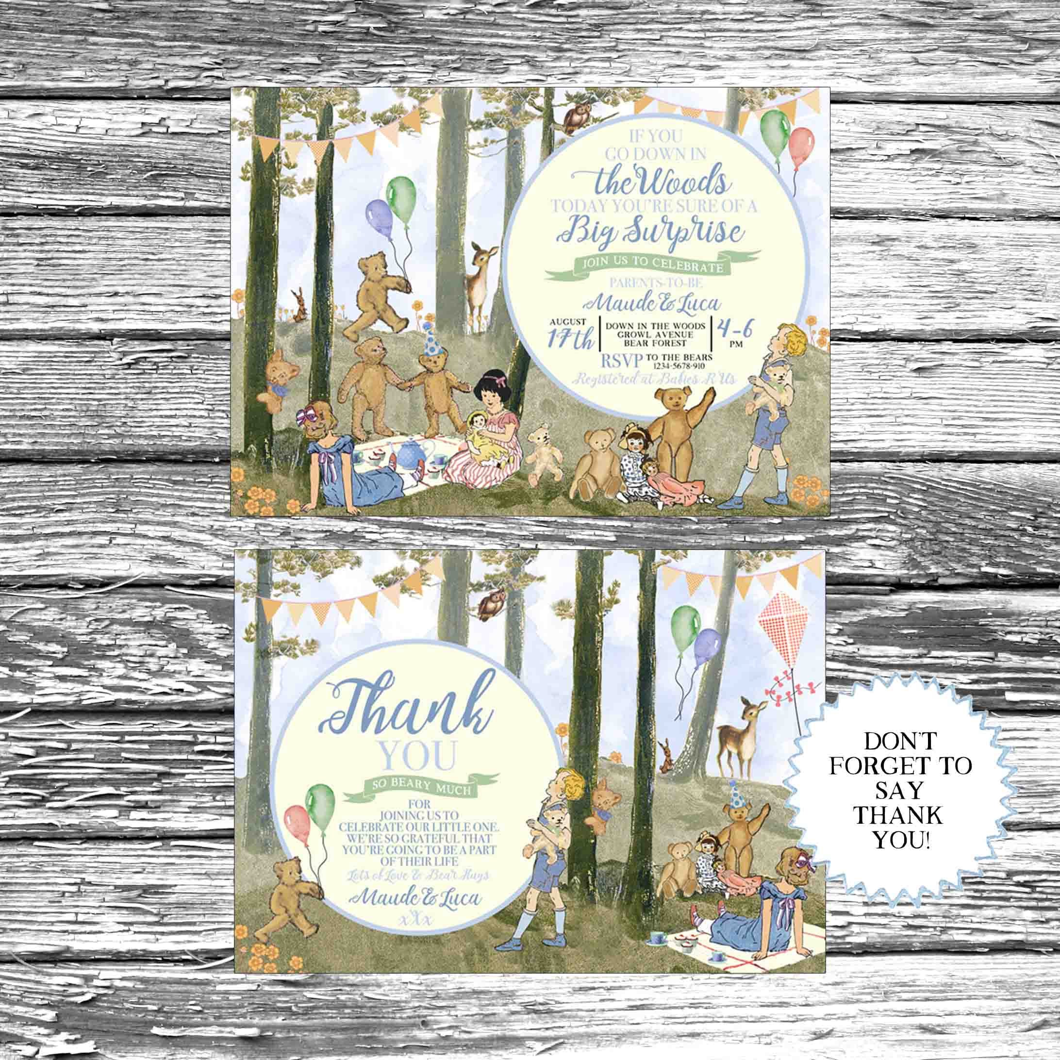 Vintage Teddy Bear Picnic Baby Shower Invitations Baby Blue Etsy UK