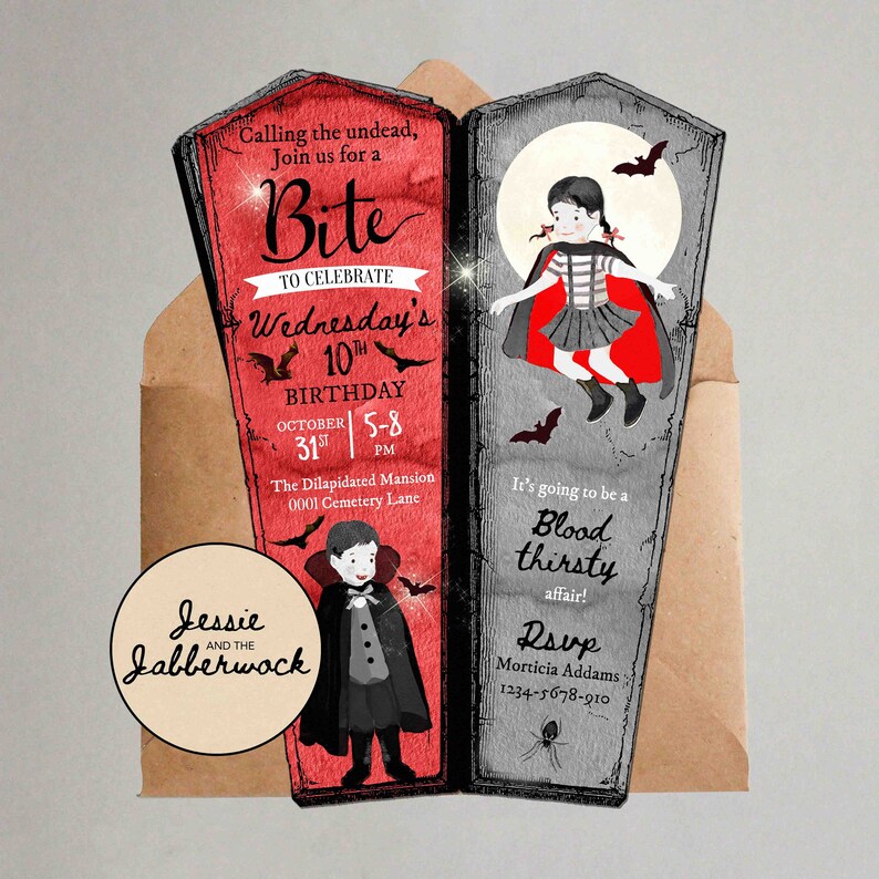 Vampire Coffin Invite, Wednesday Adams Birthday | Halloween Invitation, Autumn Fall Birthday, Spooky Bash, Fang-tastic party, Birthday image 4