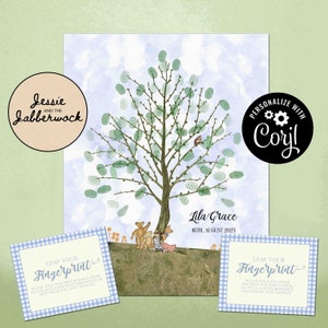 Blue Teddy Bear Picnic Fingerprint Tree Guest Book | Template | Customisable Name | Plaid Baby Shower | Birthday Book Keepsake | Memory Box