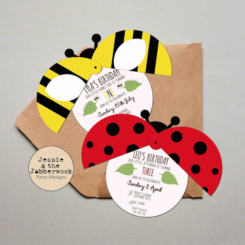 May include: Two printable birthday party invitations featuring a bee and a ladybug. The bee invitation is yellow and black with the text "Lyla's Birthday! Our little honey bee is turning one. Join us to celebrate Sunday, 15th July". The ladybug invitation is red and black with the text "Leo's Birthday! Our little jitterbug is turning three. Join us to celebrate Sunday 8 April".