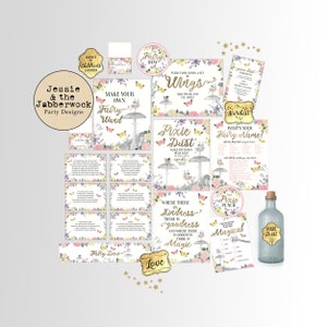 May include: A set of printable party decorations for a fairy-themed party. The decorations include a sign that says "Make Your Own Fairy Wand", a sign that says "Pixie Dust", a sign that says "Fairy Dew", a sign that says "What's Your Fairy Name?", a sign that says "Where There is Kindness There is Goodness", a sign that says "Magical", and a sign that says "Pixie Punch".