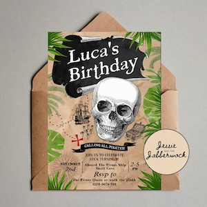 Piratenfeest uitnodigen, Ahoy ye Mateys! Piraten verjaardag uitnodiging, schatkaart | Treasure Hunt feest | Piratenpartij | Schedel en gekruiste beenderen