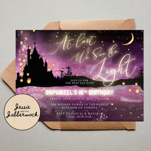 May include: Purple and black invitation with a silhouette of a castle and lanterns. The text reads "At last We See the Light" and "Rapunzel's 16th Birthday".
