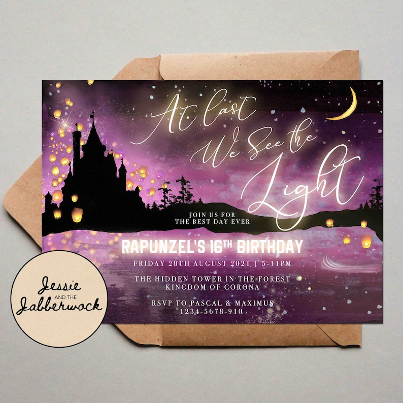 May include: Purple and black invitation with a silhouette of a castle and lanterns. The text reads "At last We See the Light" and "Rapunzel's 16th Birthday".