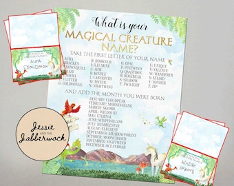 What's your Magical Creature Name? Printable Instant download Party Game, Mythical Enchanting Birthday Name Tent Labels Name generator