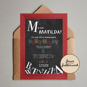 Matilda party Invite, A-Z alphabet invitation, Chalkboard, Write Your Own Story, Blackboard, ABC party, School Events, Book Worm