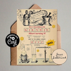 Explosieve wetenschapper uitnodiging, periodieke uitnodiging, scheikunde gekke professor, uitvinderfeest | Uitnodiging Wetenschapsmuseum | Experimenteren