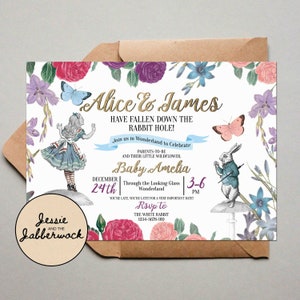 Alice in Wonderland Baby Shower Invitations. Vintage Floral Wildflower,  Down the Rabbit Hole Mad Hatter&#39;s Tea Party Invites