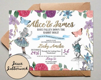 Alice in Wonderland Baby Shower Invitations. Vintage Floral Wildflower,  Down the Rabbit Hole Mad Hatter's Tea Party Invites