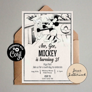 May include: Black and white Mickey Mouse birthday invitation. Mickey is at the helm of a ship. The invitation includes the text "Aw, Gee, Mickey is turning 3!" and event details. The invitation is inside a brown envelope.