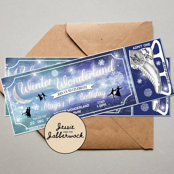 Winter Wonderland Invitation, Ticket, Christmas Trip invite, Winter party, Ice Skating ticket, ALL TEXT can be customised | Birthday