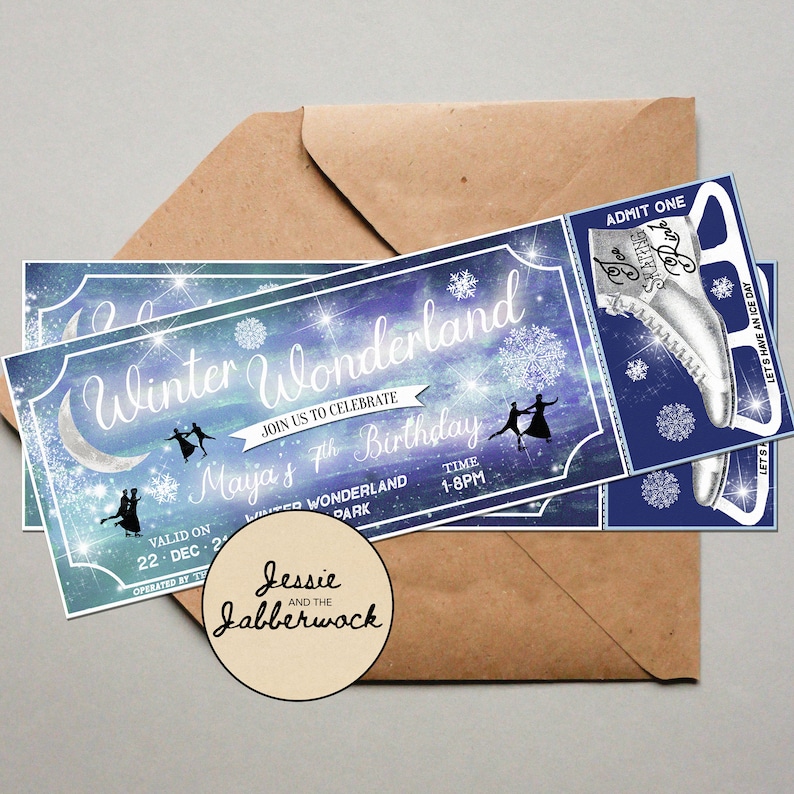 May include: A blue and purple invitation with a white moon and stars. The invitation says "Winter Wonderland" and "Maya's 7th Birthday". The invitation is shaped like a ticket and has a white ice skate on the right side.