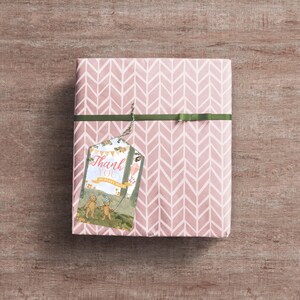 May include: Pink gift box with a green ribbon and a thank you tag with two bears and the text "Thank You So Bearly Much".