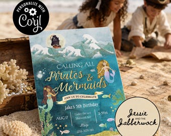 Invitation anniversaire sirènes et pirates | Invitation à une fête commune | Fête sous la mer | cape et épée | Non sexiste | Modifiez-vous | Corjl