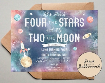 Reach FOUR the stars and fly TWO the Moon 2nd & 4th Birthday Invitation, Space, Planets Party Invite, Rocket Ship, Out of this world