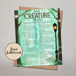 May include: A green and brown illustrated chart with the text "What Creature Are You?" and a list of zodiac signs with corresponding mythical creatures. The chart features a whimsical forest scene with a glowing lamppost.