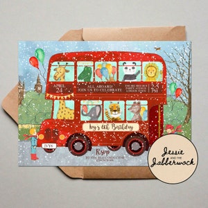Rode Bus, Wielen op de Bus, Snowy Winter Invite, Londen feest dieren uitnodiging | Kerstuitnodiging