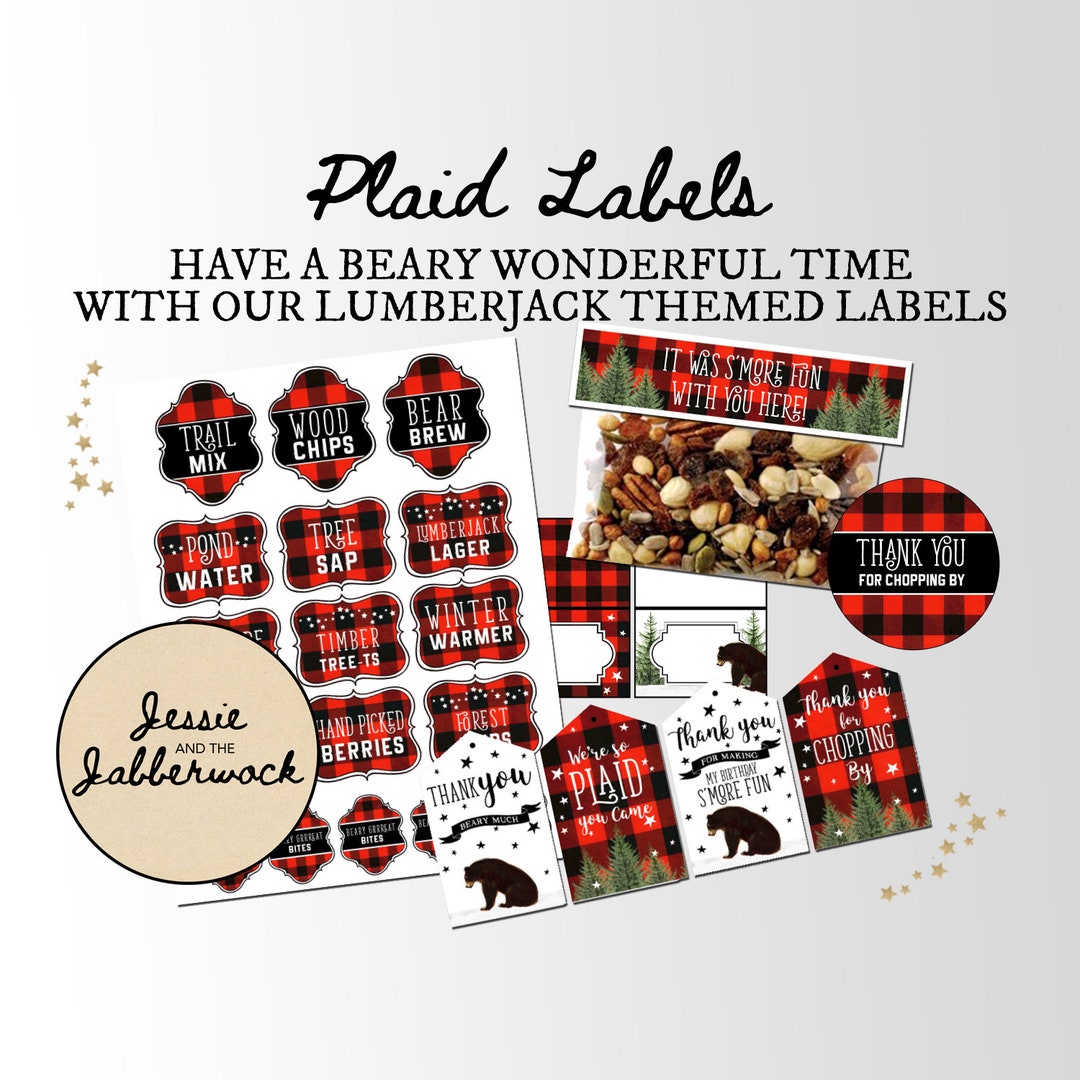 Plaid Lumberjack Food Labels | Bottle Labels | Name Tents | Bear Party | Winter | Tags | Bag ...