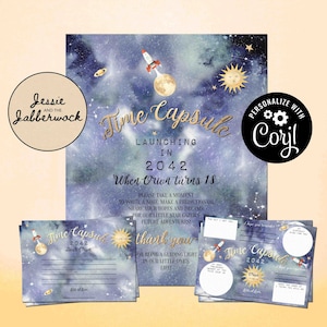 Zeitkapsel Vorlage | Celestial Space Wish Grußkarten | Galaxie, Planeten Briefpapier | Sterngucker Memory Gästebuch | Erste Reise um die Sonne!