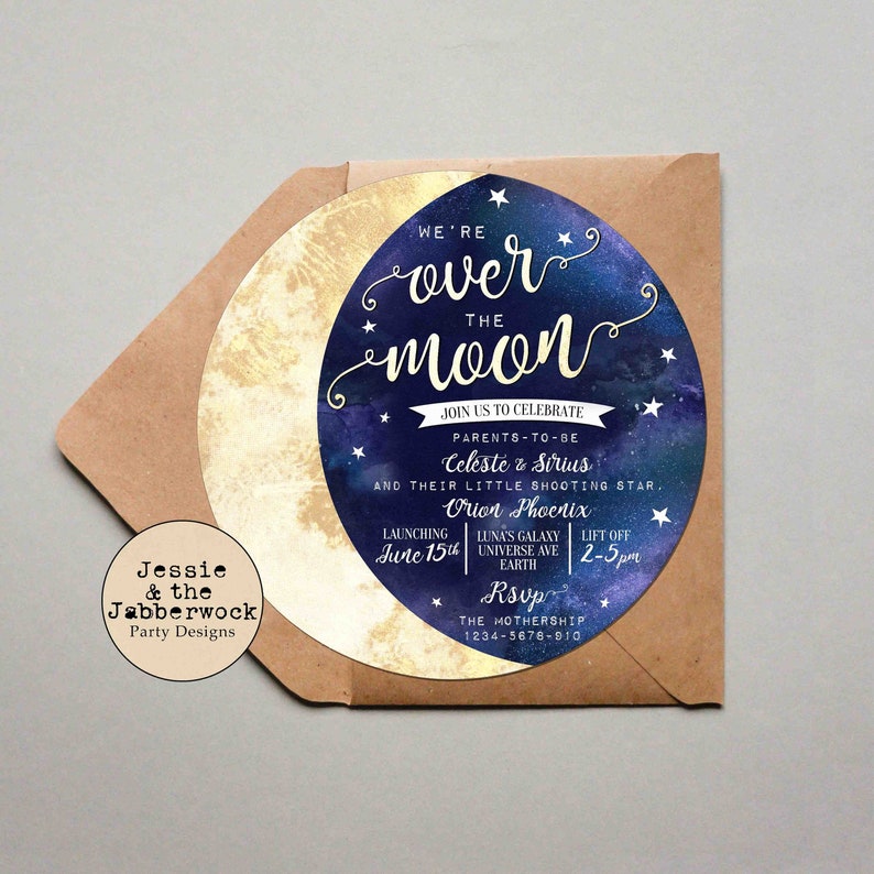 circle shaped over the moon baby shower invitation