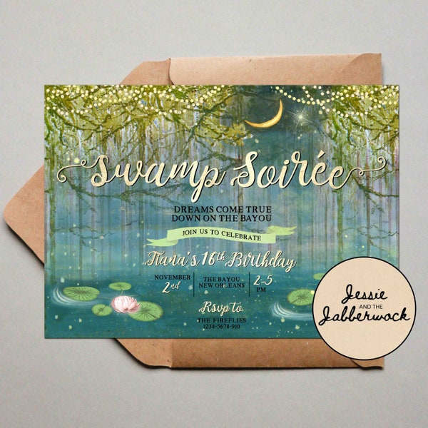 Bayou Invite, Under the Moon, Fireflies invitation | Swamp Soiree Party Invite | Pond | Fairy Lights | Night under the stars