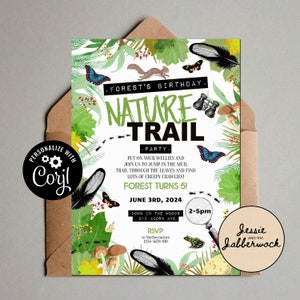Nature Trail Birthday Invite Template, Adventure Forest Woodland party invitation | Bugs | Outdoors | Leaf Design | Explorers | Insect