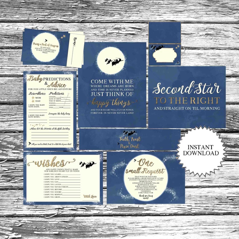 Baby predictions Instant download Neverland Baby Shower Set bunting Peter Pan Signs food label tents water bottle labels Book Request
