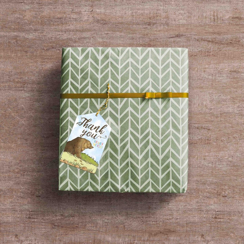 Peut inclure: Une bo&icirc;te cadeau verte &agrave; motif chevron, emball&eacute;e d'un ruban dor&eacute;. Une &eacute;tiquette cadeau avec une illustration d'un ours brun et le texte "Merci" et "Presque beaucoup !" est attach&eacute;e &agrave; la bo&icirc;te.