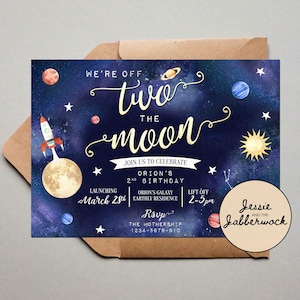 Two the Moon 2nd Birthday Invitation, Space, Planets Party Invite, Rocket Ship, Out of this world