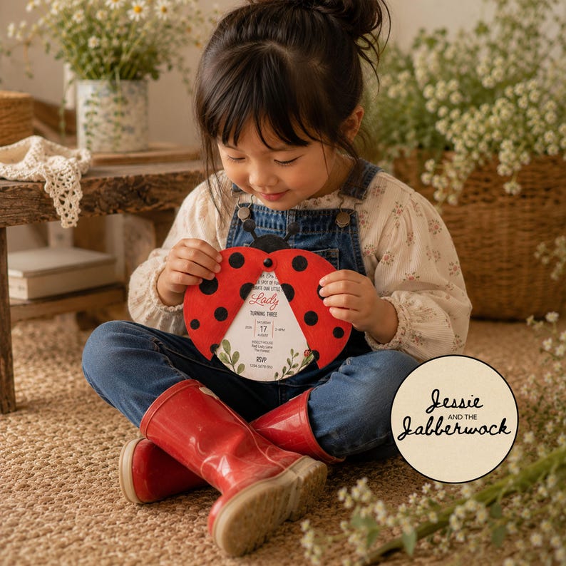 May include: A ladybug-shaped invitation card with red wings featuring black spots, opening to reveal printed event details including the text Lady, Turning Three, Saturday 17, and RSVP. The card is held by a person wearing a cream blouse and denim overalls.