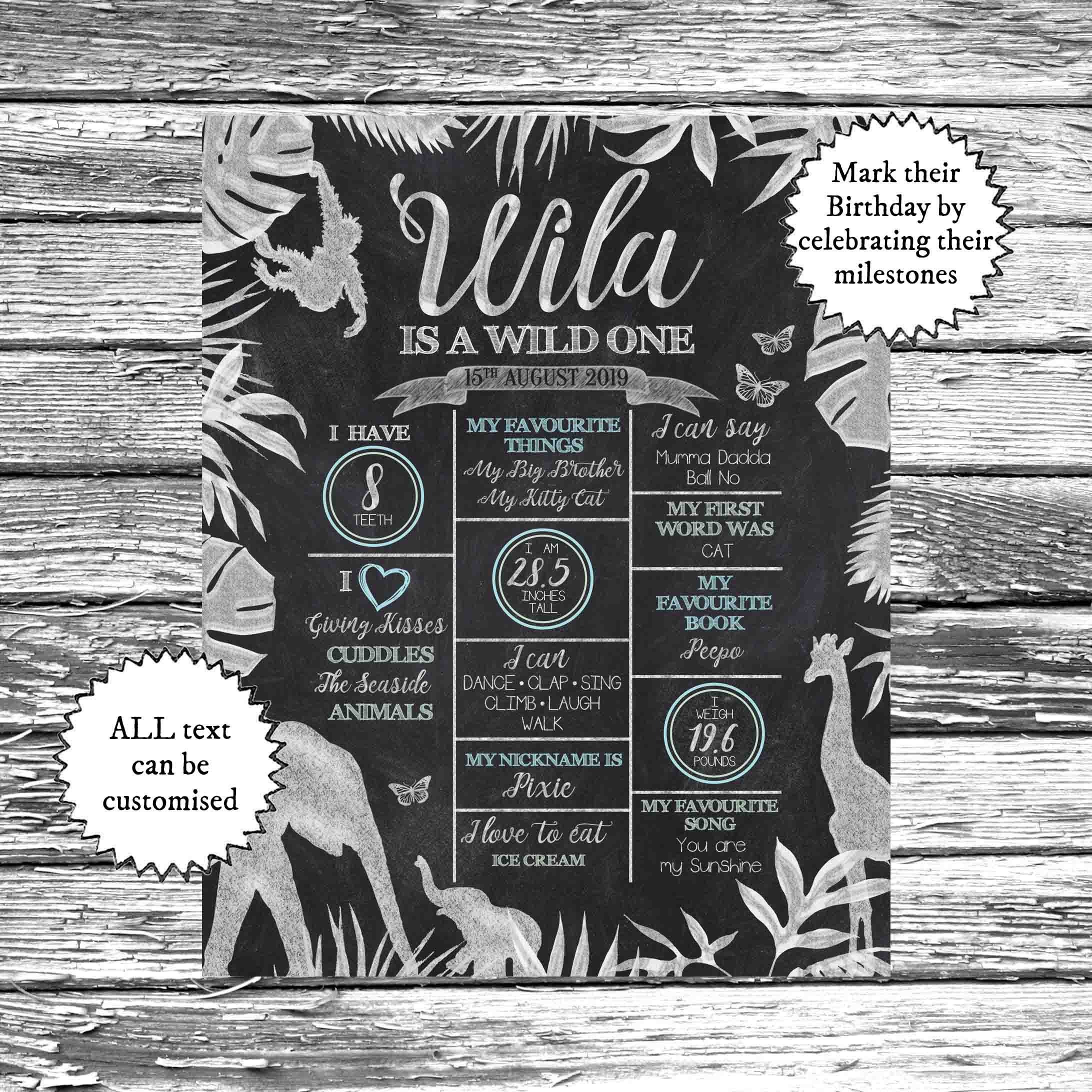 Wild One Milestone Chalkboard Jungle Birthday Memory Poster Etsy 日本