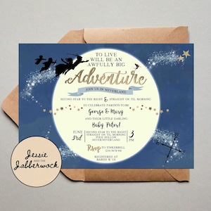 Neverland Baby Shower Invitations, Peter Pan Invite, Blue, Gold, To live will be an awfully big adventure party set, tinkerbell