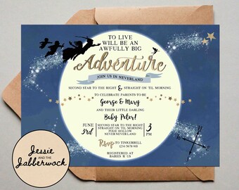 Neverland Baby Shower Invitations, Peter Pan Invite, Blue, Gold, To live will be an awfully big adventure party set, tinkerbell