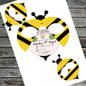May include: A yellow and black bee-themed birthday party invitation with a bee illustration and the text "Ax's Birthday, A little honey bee is turning three, Join us to celebrate Saturday 11th August, The Quaker Hall, Butt Lane, From 2pm-4pm, RSVP to Ann & Michael 12346-678910".