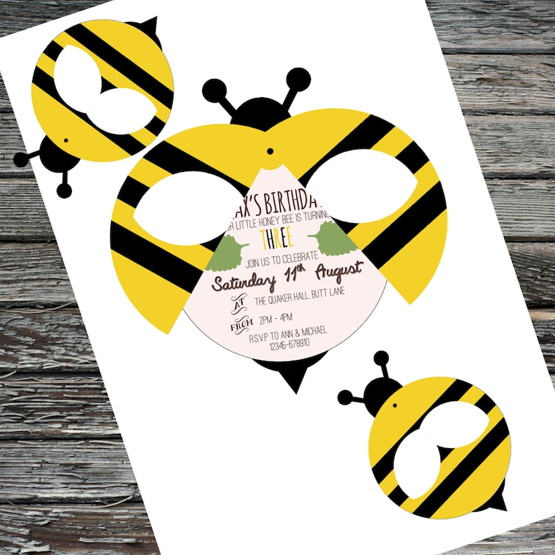 May include: A yellow and black bee-themed birthday party invitation with a bee illustration and the text "Ax's Birthday, A little honey bee is turning three, Join us to celebrate Saturday 11th August, The Quaker Hall, Butt Lane, From 2pm-4pm, RSVP to Ann & Michael 12346-678910".