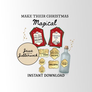 May include: A set of printable Christmas gift tags with a red and green color scheme. The tags feature various designs, including a gnome, reindeer food, and a message that says "The Bell Still Rings for all who truly Believe". The tags are perfect for adding a festive touch to your gifts.