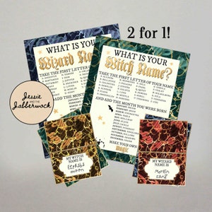 What&#39;s your witch Name? What&#39;s your wizard name? Game, 2 for 1 Magical Name tent labels | Witchcraft and wizardry party | Name generator